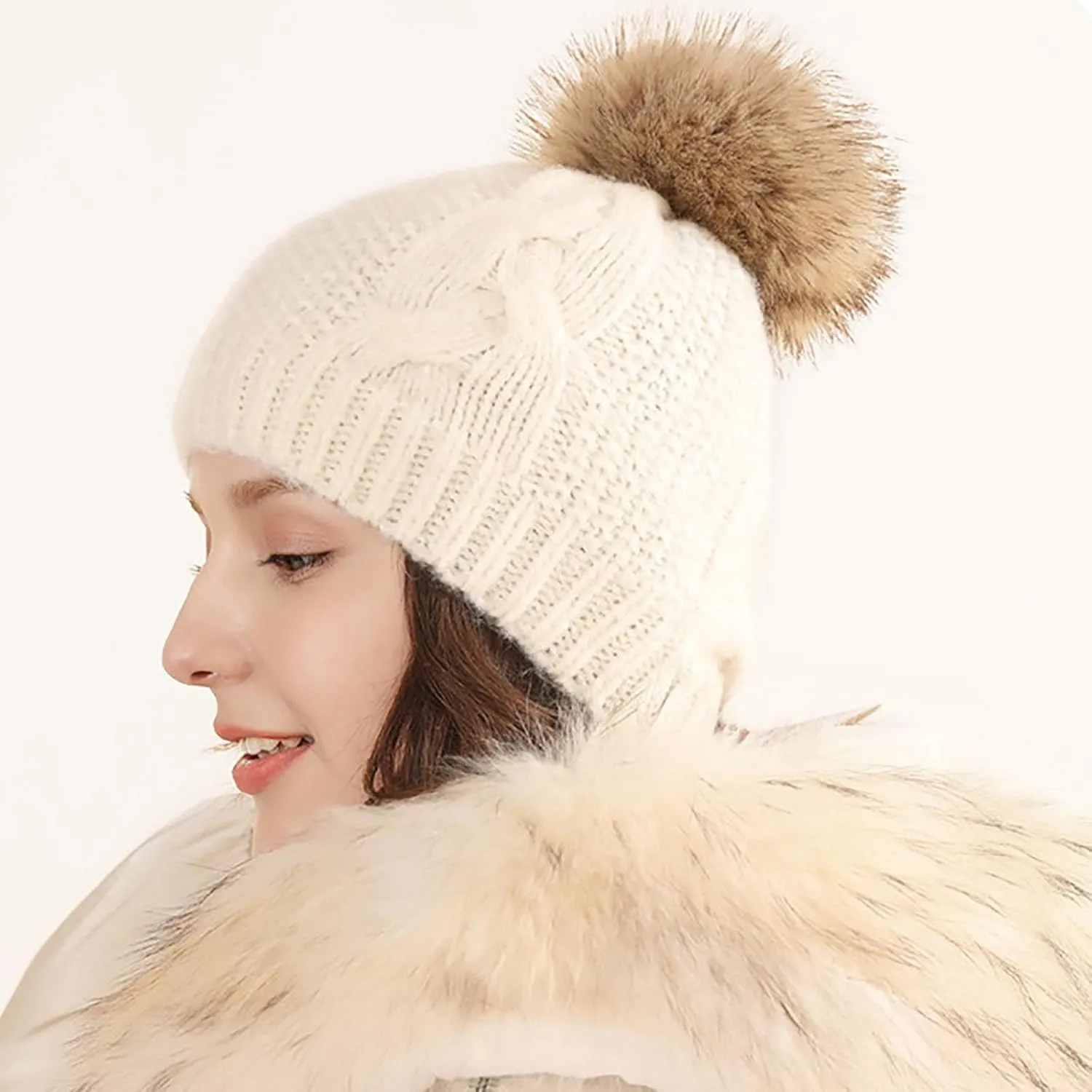 Women Winter Pompom Beanie Hat Fleece Lined Warm Beanies Hats, Thick Slouch Snow Chunky Knit Skull Ski Cap for Ladies