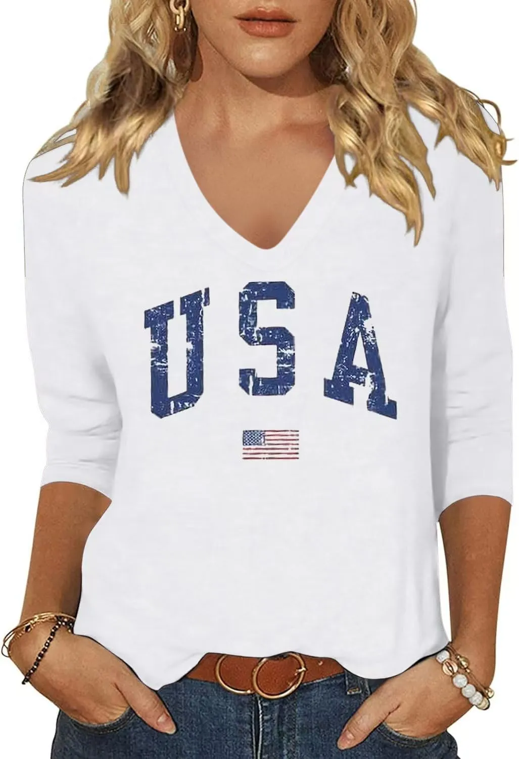 Womens 3/4 V Neck Sleeve American Flag Shirts 4th of July Summer Shirts Graphic Tops