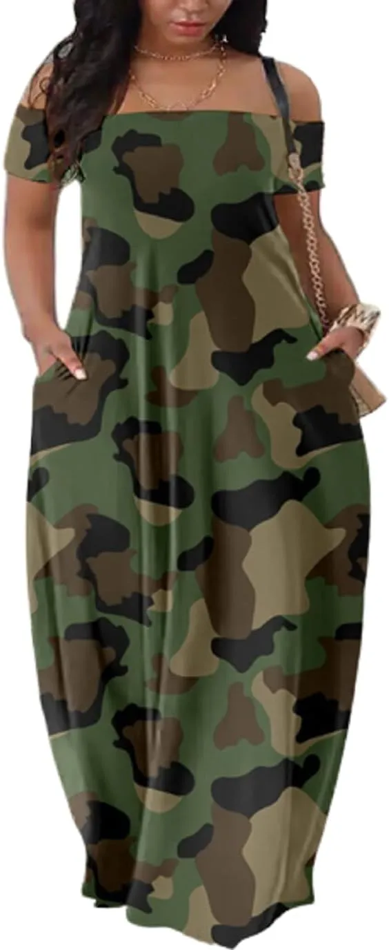 Women's 3D Print Off Shoulder Camouflage Boho Maxi Dress Summer Beach Long Dresses