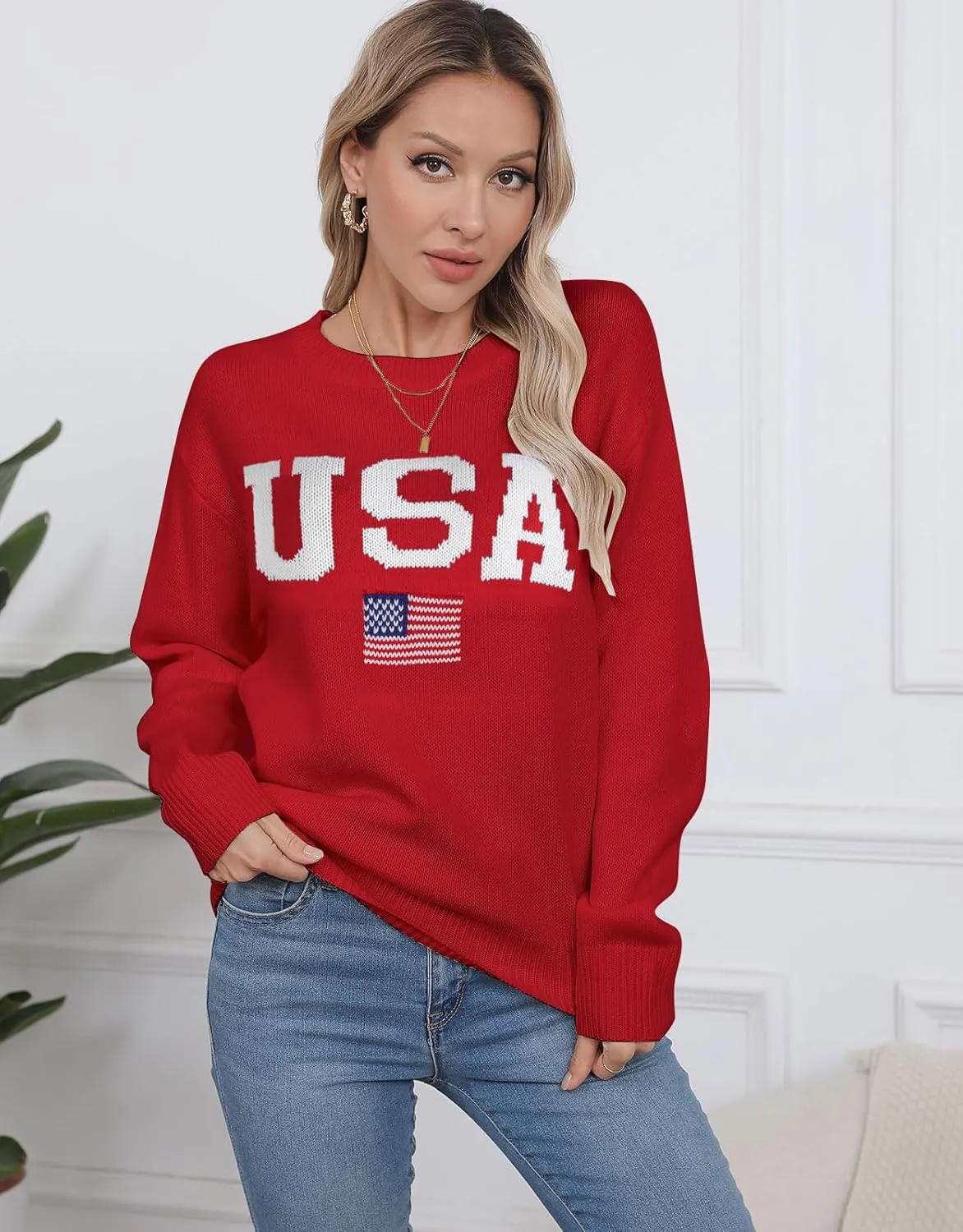 Womens American Flag Sweater Long Sleeve Crew Neck Knitted Casual Pullover Sweater