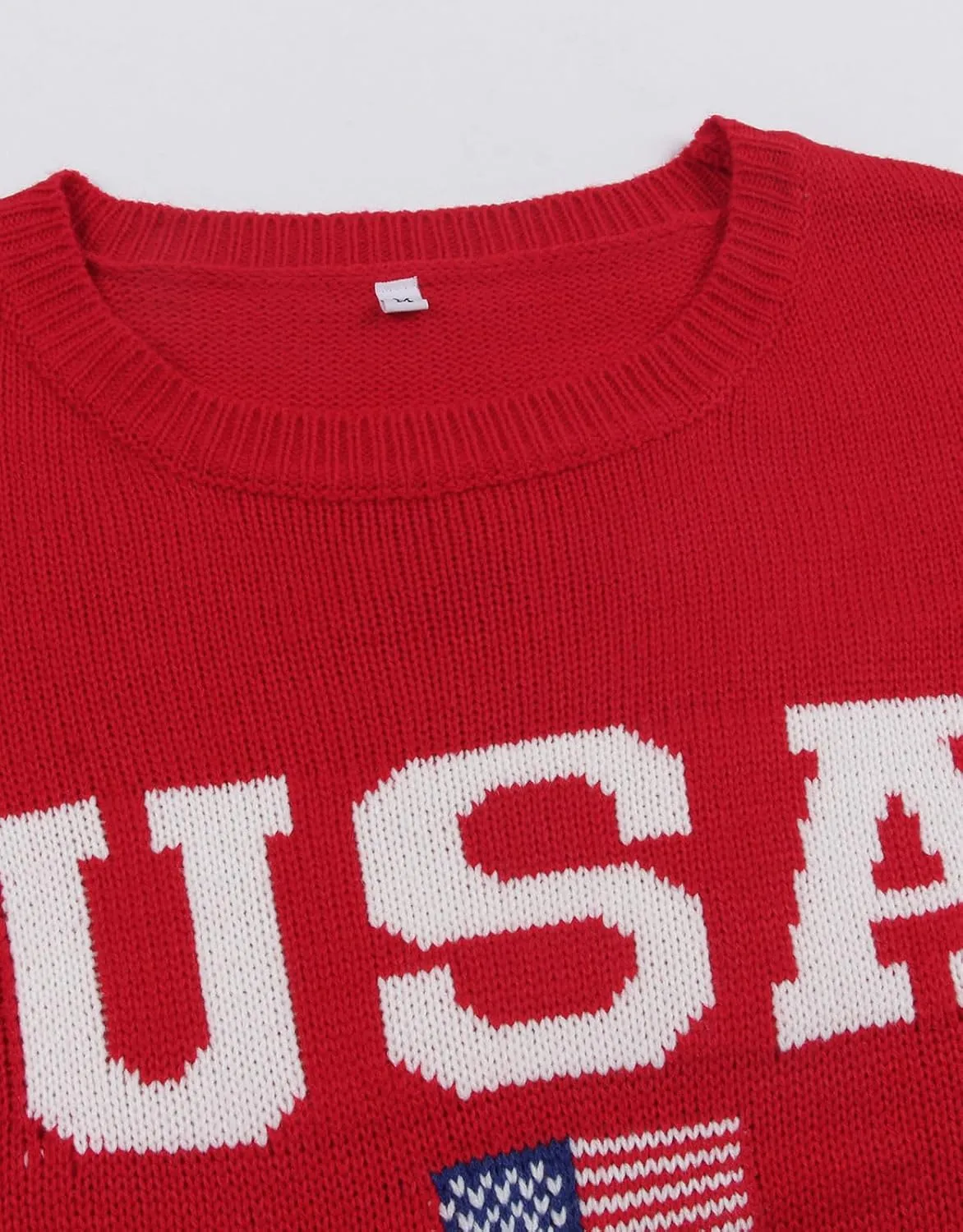 Womens American Flag Sweater Long Sleeve Crew Neck Knitted Casual Pullover Sweater