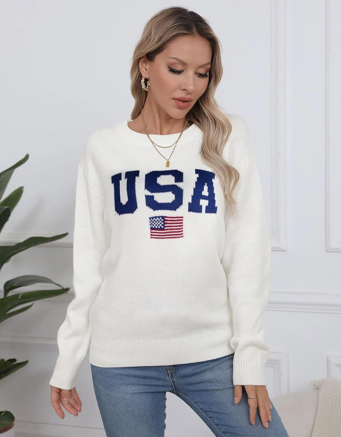 Womens American Flag Sweater Long Sleeve Crew Neck Knitted Casual Pullover Sweater