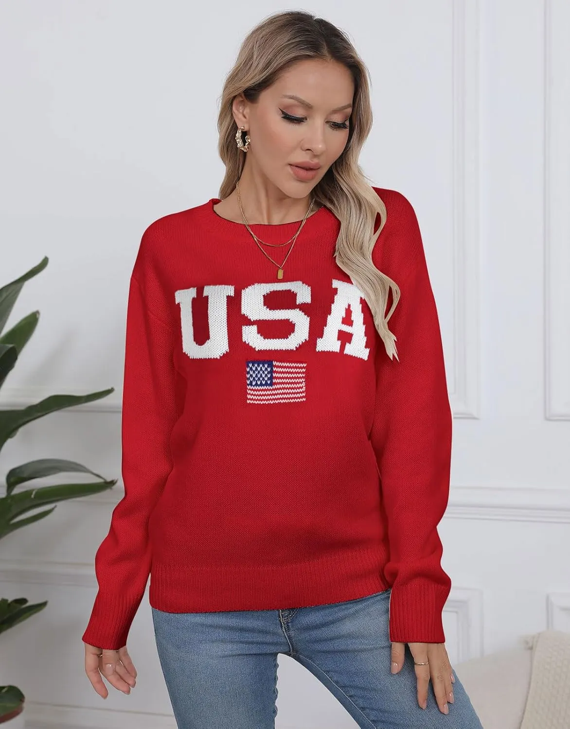 Womens American Flag Sweater Long Sleeve Crew Neck Knitted Casual Pullover Sweater