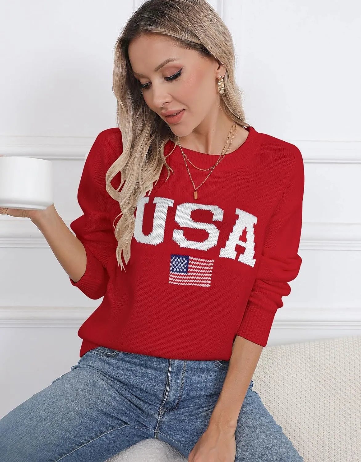 Womens American Flag Sweater Long Sleeve Crew Neck Knitted Casual Pullover Sweater