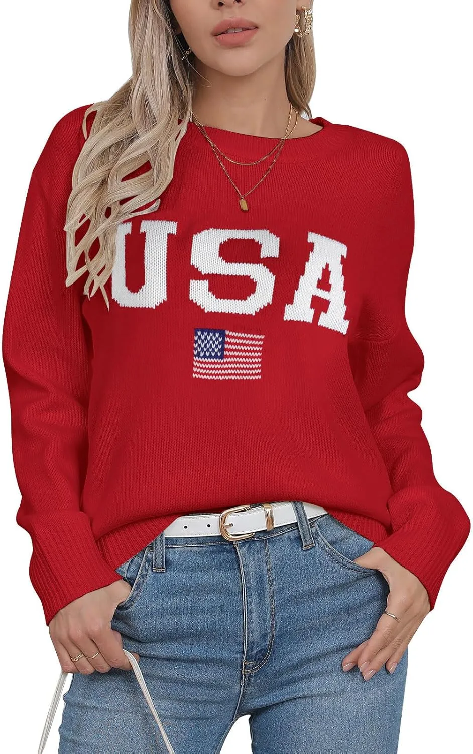 Womens American Flag Sweater Long Sleeve Crew Neck Knitted Casual Pullover Sweater