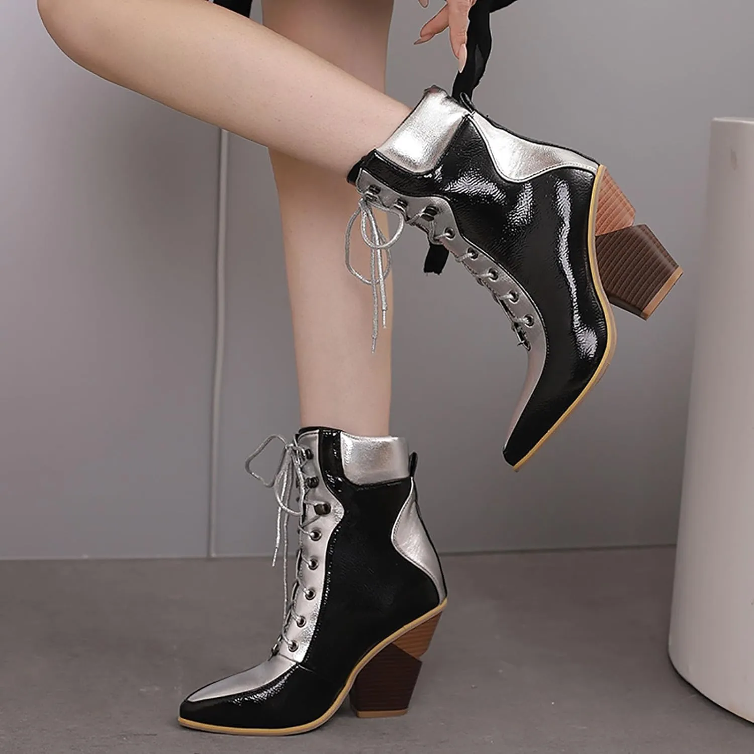 Womens Ankle Boots Low Heel Chunky Heels for Women Western Pointed Toe Low Chunky Heel Shoes Womens Cowboy Boots