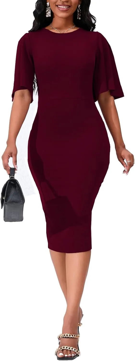 Womens Basic Bodycon Ruffle Flared Short Sleeve Pencil Midi Dress