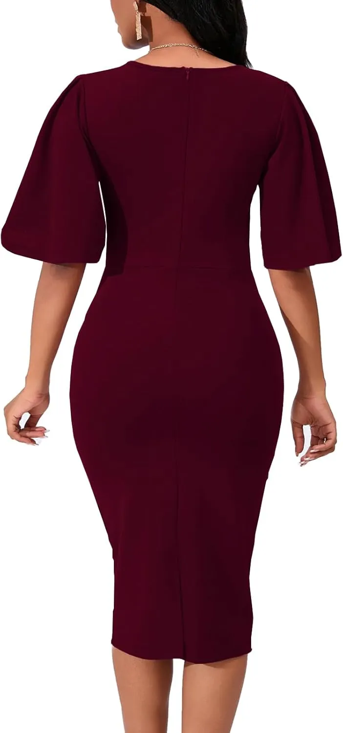 Womens Basic Bodycon Ruffle Flared Short Sleeve Pencil Midi Dress