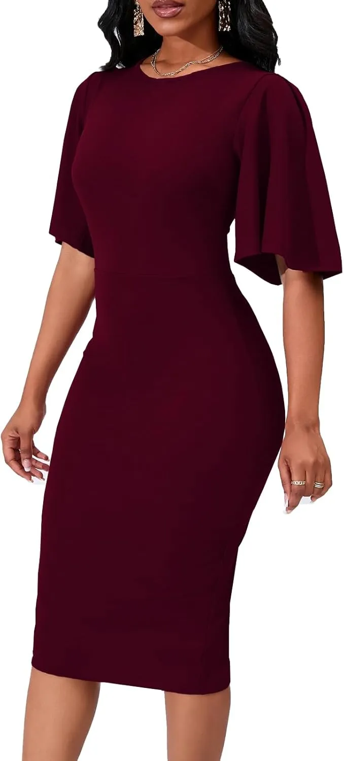 Womens Basic Bodycon Ruffle Flared Short Sleeve Pencil Midi Dress