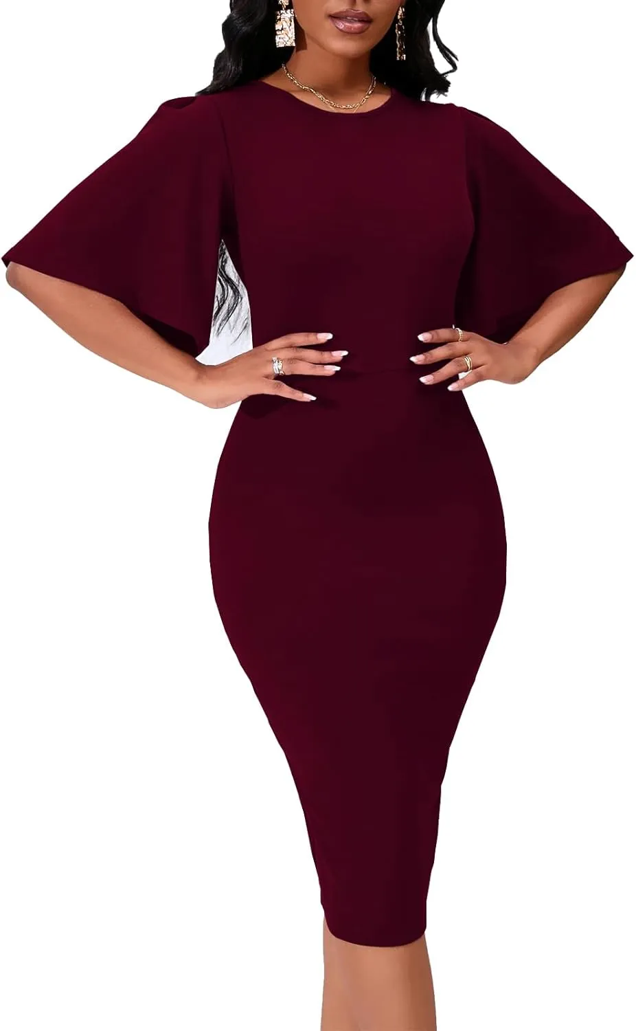 Womens Basic Bodycon Ruffle Flared Short Sleeve Pencil Midi Dress