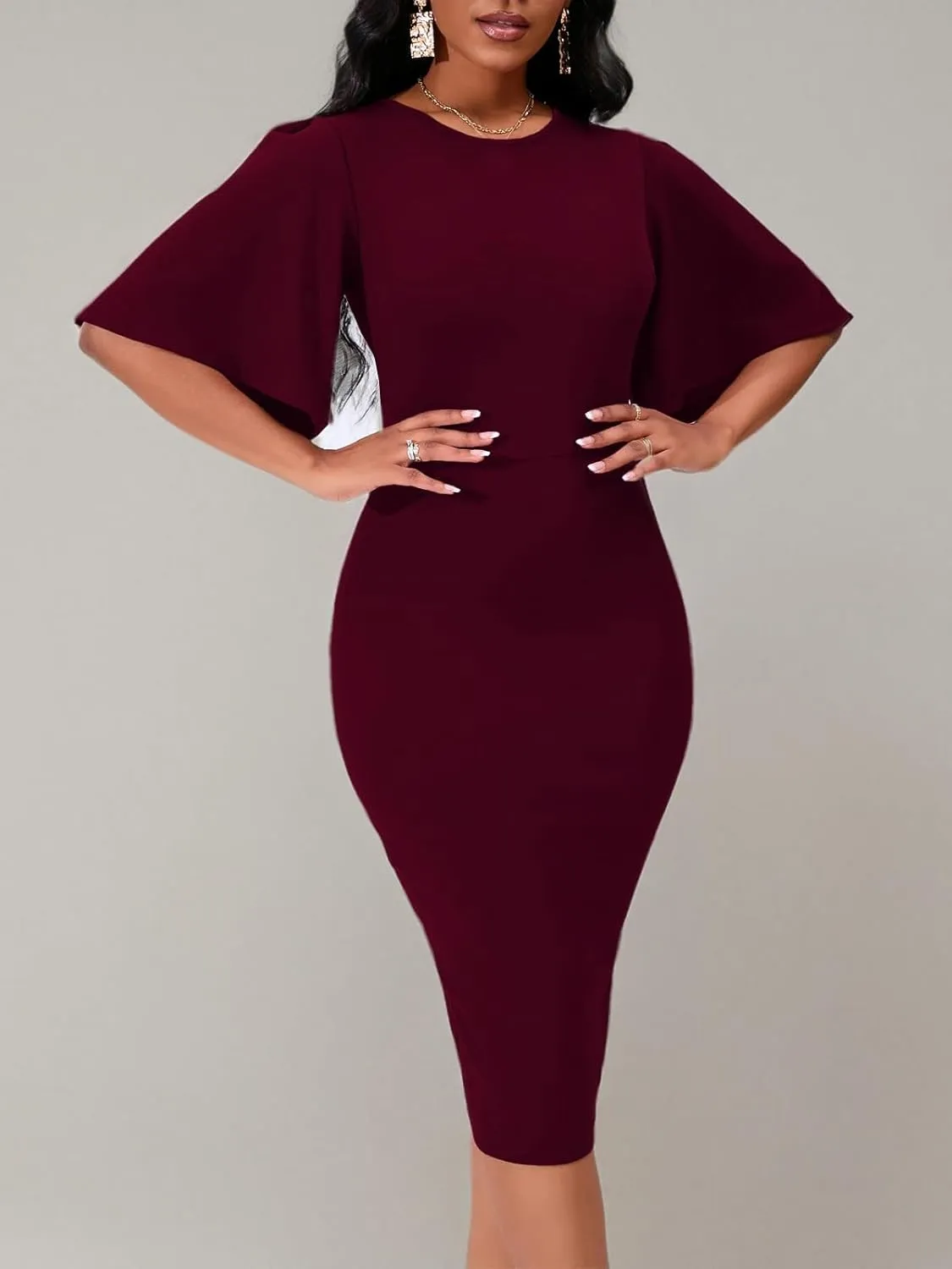Womens Basic Bodycon Ruffle Flared Short Sleeve Pencil Midi Dress