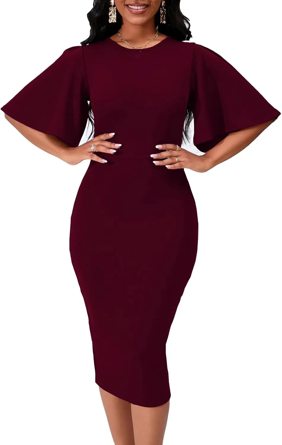 Womens Basic Bodycon Ruffle Flared Short Sleeve Pencil Midi Dress