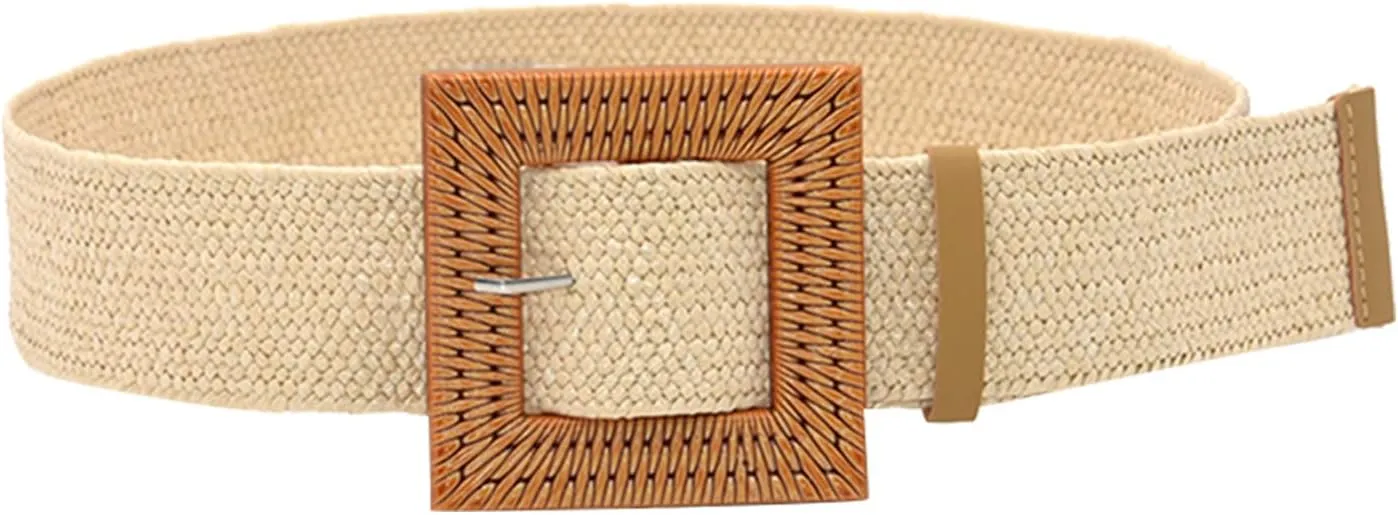 Womens Belts Woven Belt Elastic Stretch Rattan Waist Belt Women Skinny Raffia Dress Belt Wooden Buckle Waist Dress Band Womens Belts 2023 Raffia Woven Belt Summer Casual Stretchy Belts for Dresses