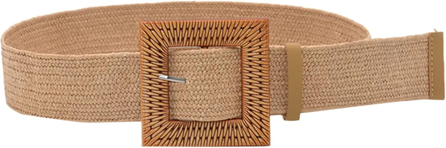 Womens Belts Woven Belt Elastic Stretch Rattan Waist Belt Women Skinny Raffia Dress Belt Wooden Buckle Waist Dress Band