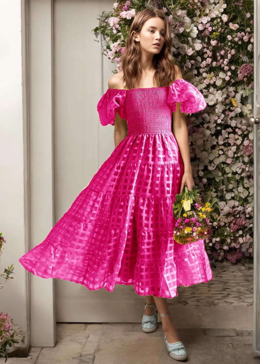 Women's Boho Floral Midi Dress Ruffle Hem Puffy Short Sleeve Summer Maxi Dress