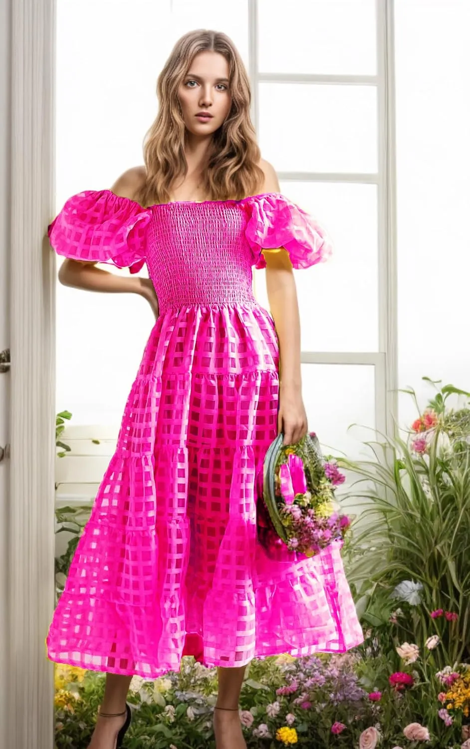 Women's Boho Floral Midi Dress Ruffle Hem Puffy Short Sleeve Summer Maxi Dress