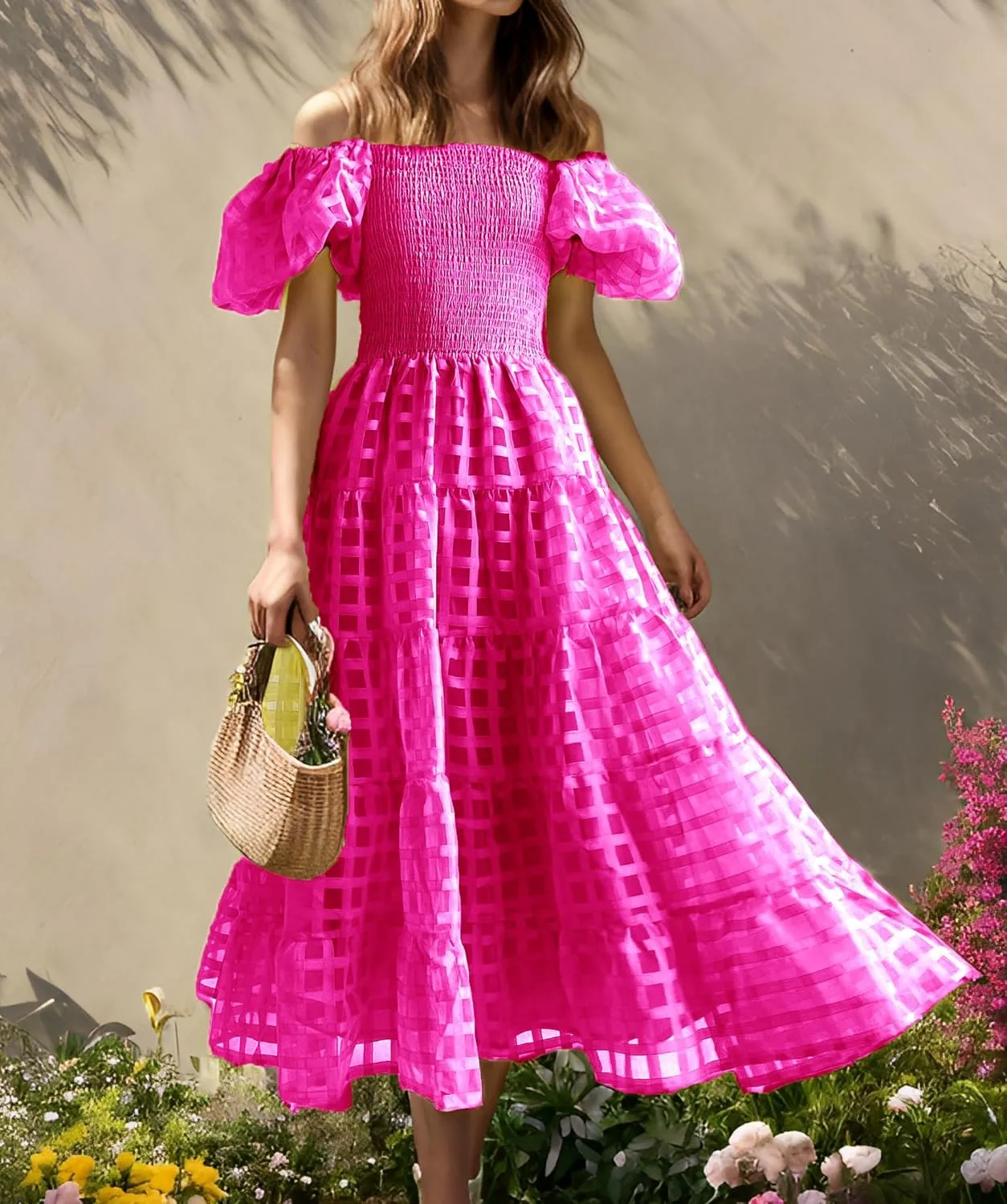 Women's Boho Floral Midi Dress Ruffle Hem Puffy Short Sleeve Summer Maxi Dress