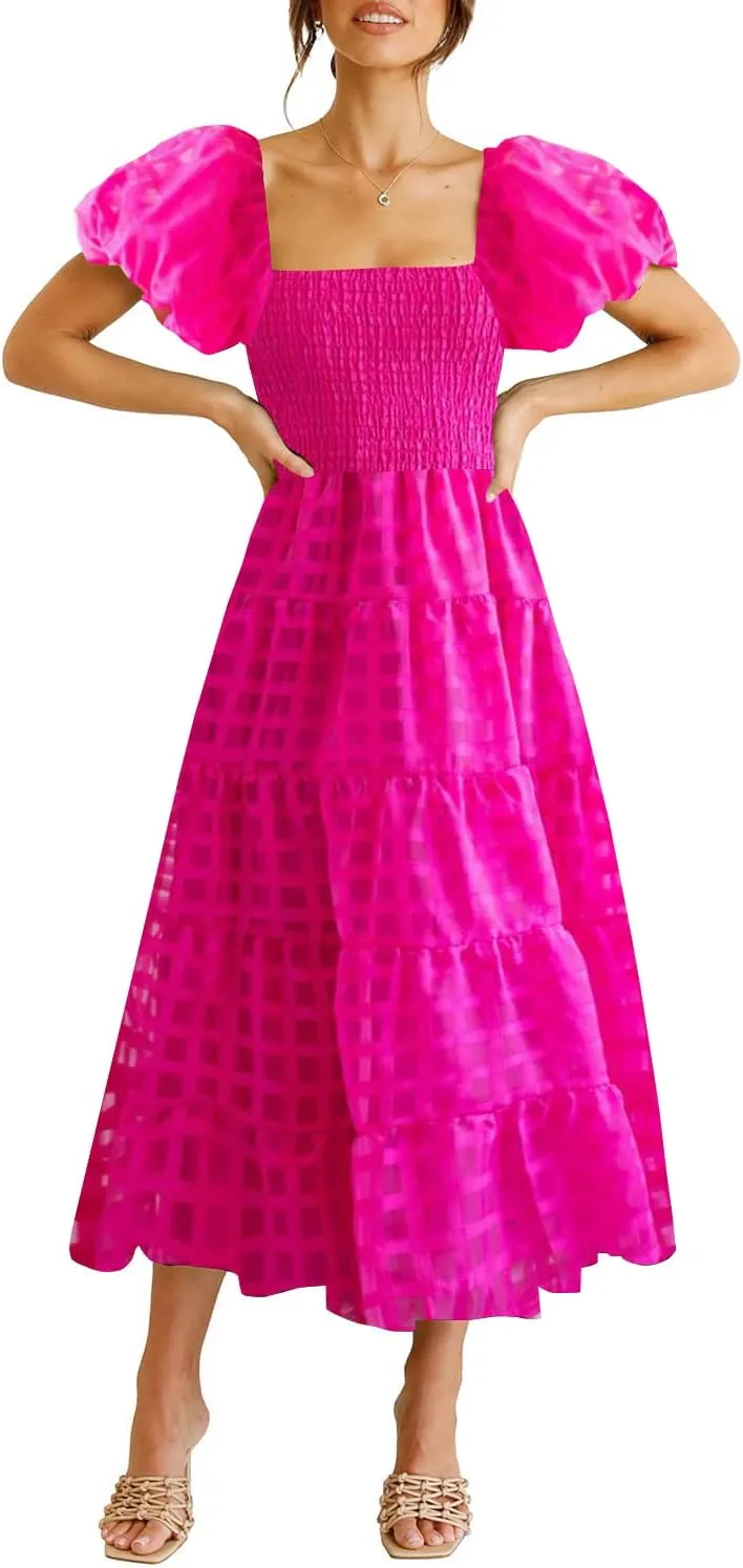 Women's Boho Floral Midi Dress Ruffle Hem Puffy Short Sleeve Summer Maxi Dress