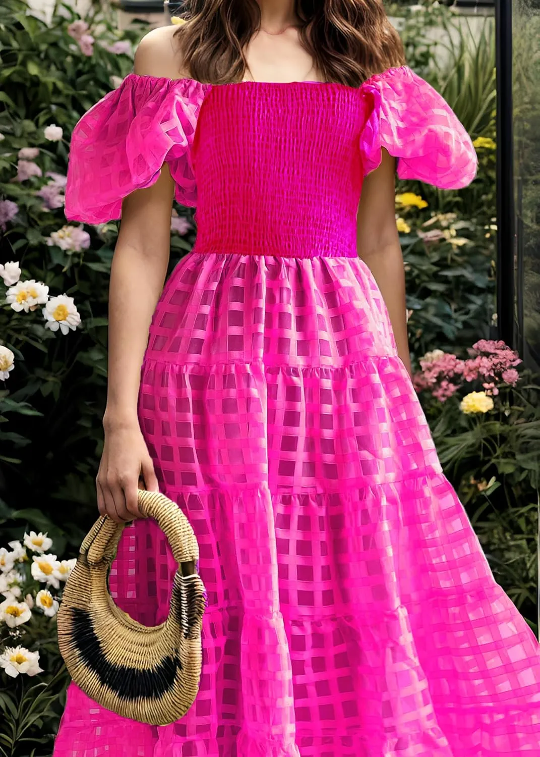 Women's Boho Floral Midi Dress Ruffle Hem Puffy Short Sleeve Summer Maxi Dress