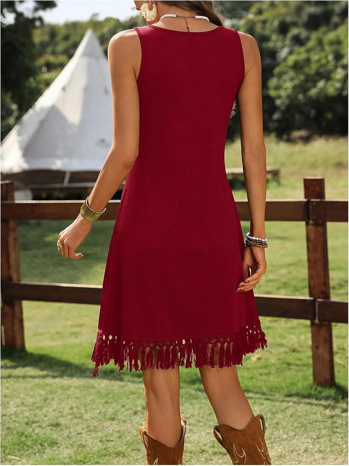 Women's Boho Tassel Tank Dress Western Cowgirl Fringe Scoop Neck Sleeveless Vacation Dresses