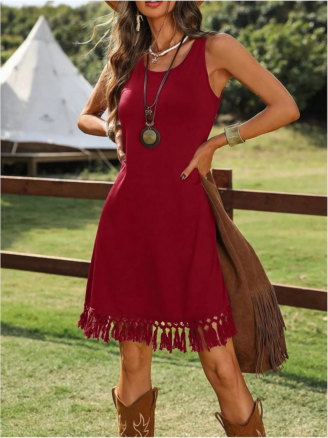 Women's Boho Tassel Tank Dress Western Cowgirl Fringe Scoop Neck Sleeveless Vacation Dresses