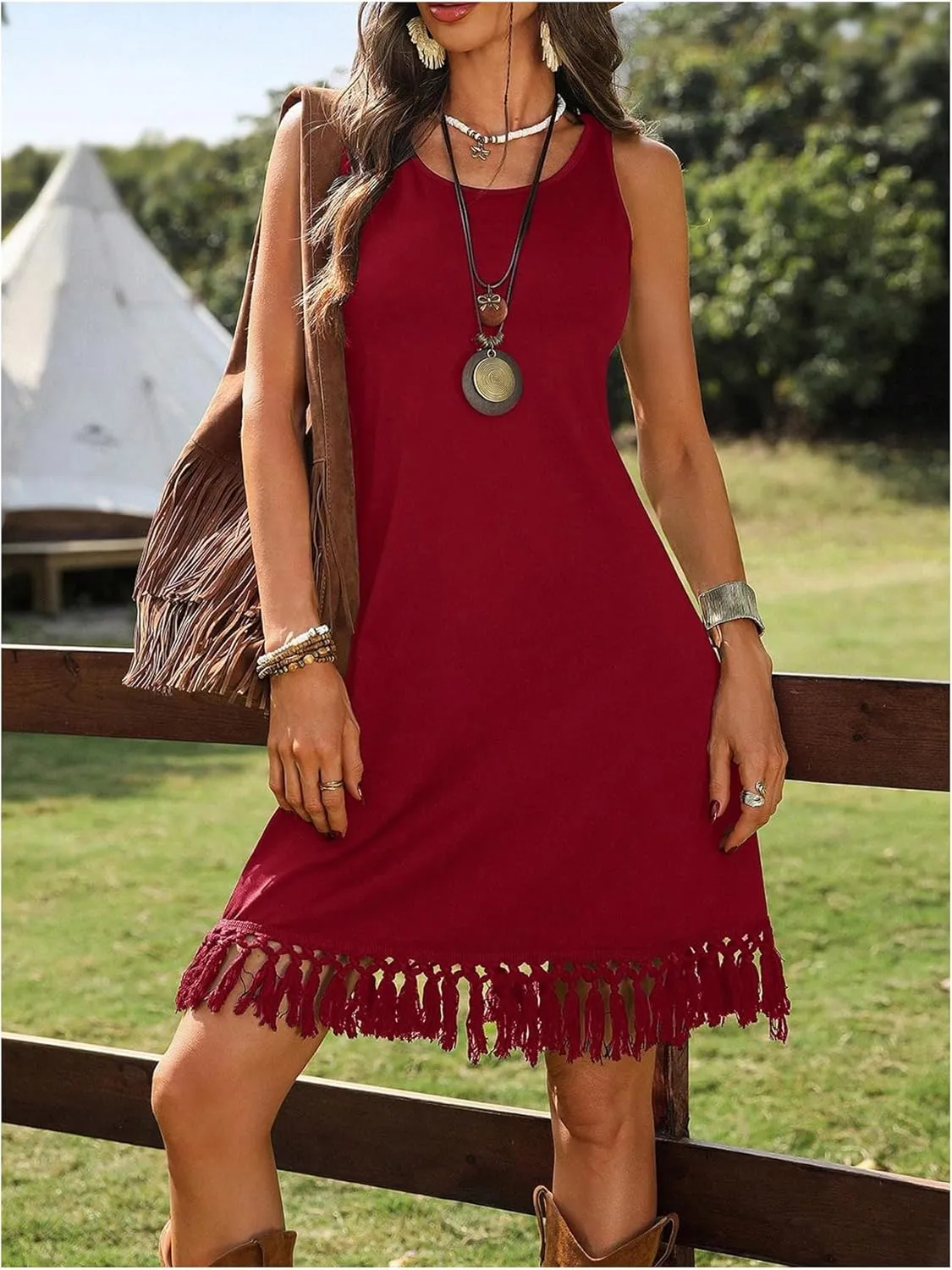 Women's Boho Tassel Tank Dress Western Cowgirl Fringe Scoop Neck Sleeveless Vacation Dresses