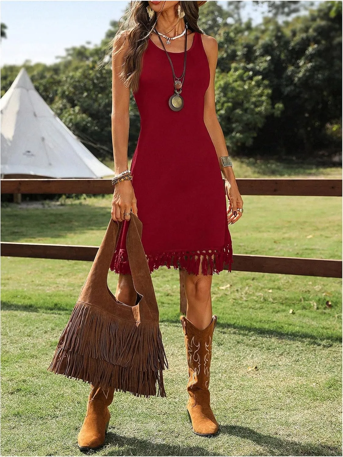 Women's Boho Tassel Tank Dress Western Cowgirl Fringe Scoop Neck Sleeveless Vacation Dresses