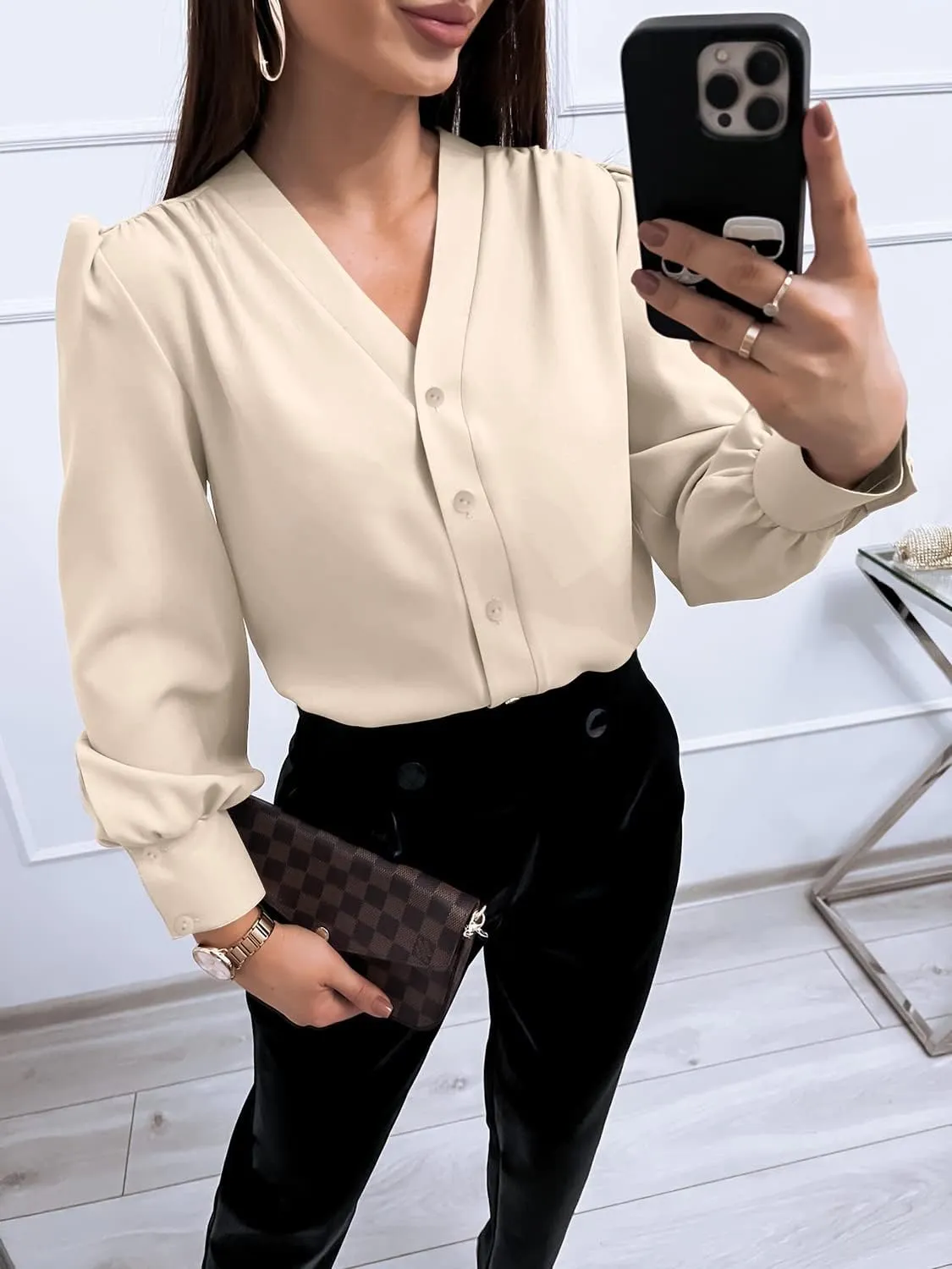 Women's Business Casual Tops Summer Long Sleeve Button Down Shirts V Neck Chiffon Blouses