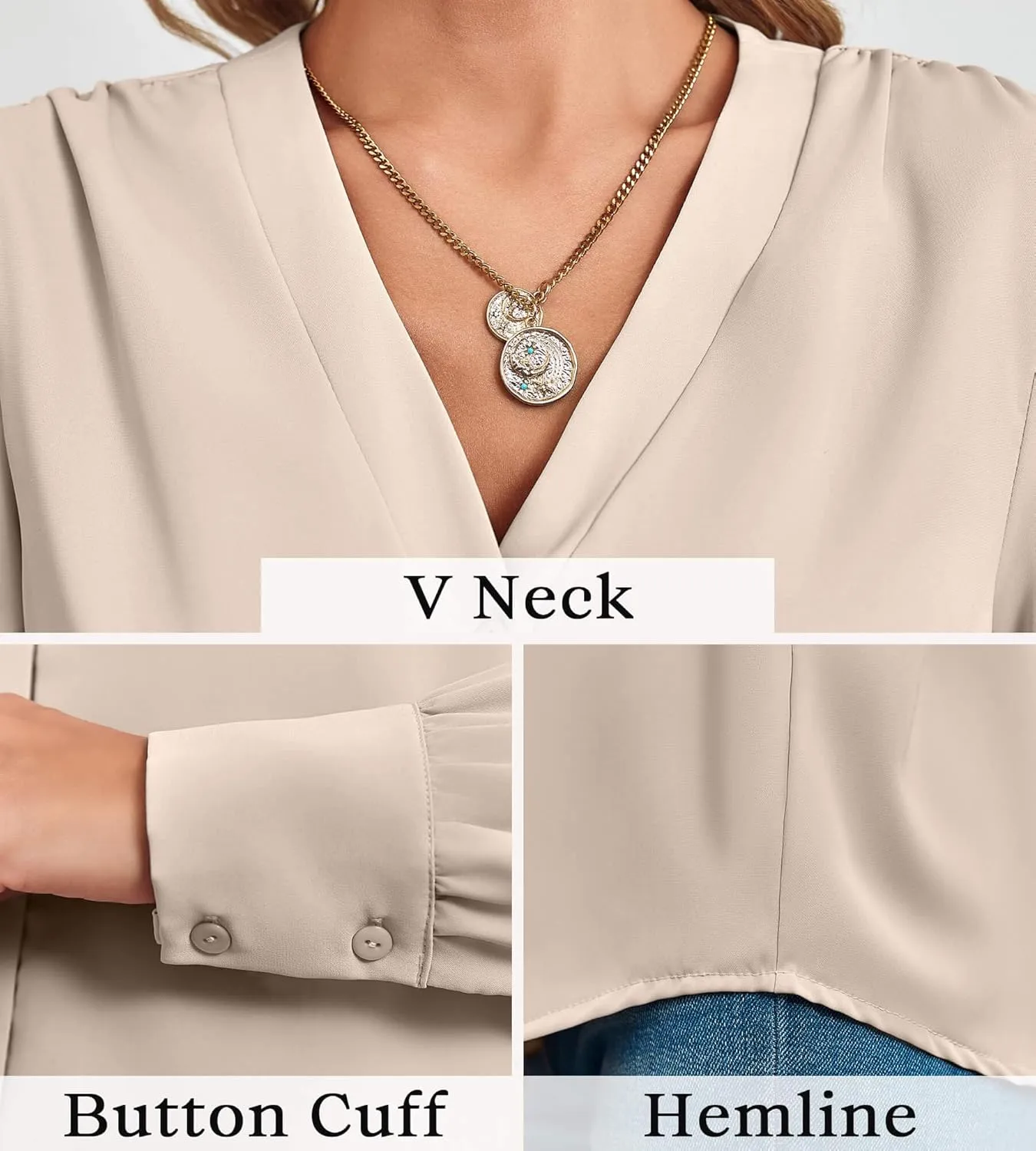 Women's Business Casual Tops Summer Long Sleeve Button Down Shirts V Neck Chiffon Blouses