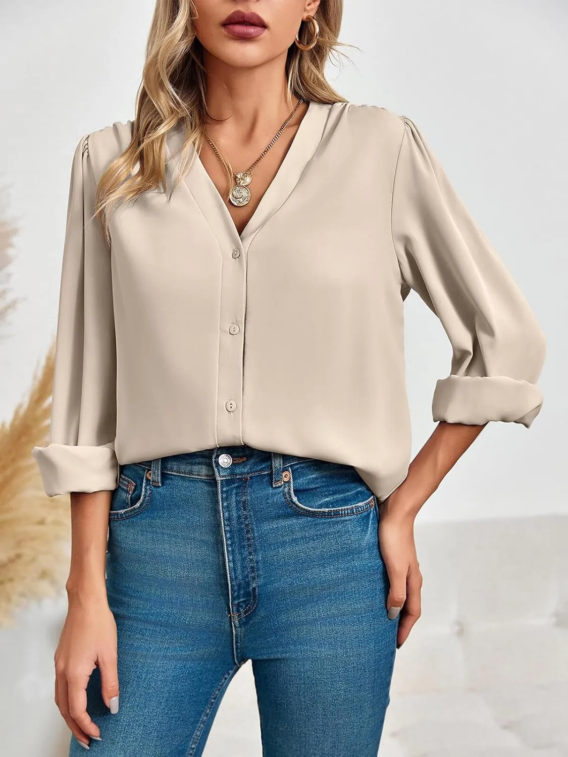 Women's Business Casual Tops Summer Long Sleeve Button Down Shirts V Neck Chiffon Blouses