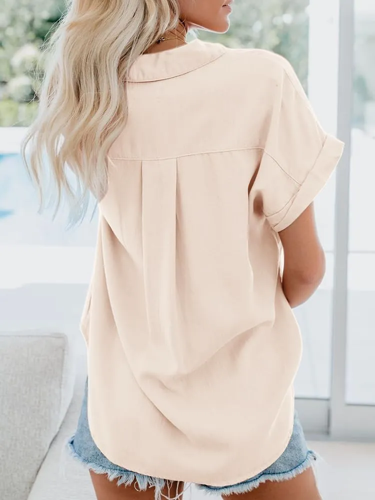 Womens Button Down Casual Shirts Cotton Short Sleeve Blouses Solid Summer Tops with Pocket