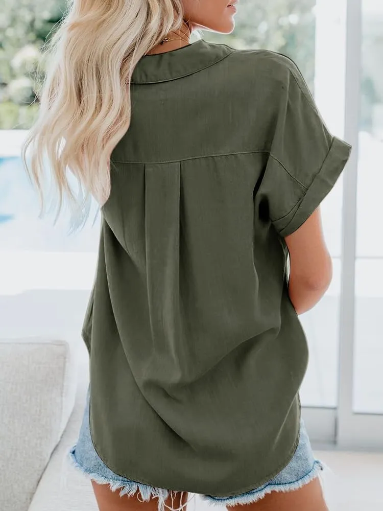 Womens Button Down Casual Shirts Cotton Short Sleeve Blouses Solid Summer Tops with Pocket