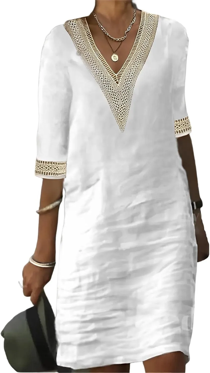 Women??s Casual V Neck Cotton Linen Dress Summer Half Sleeve Midi Knee Length Linen Dresses