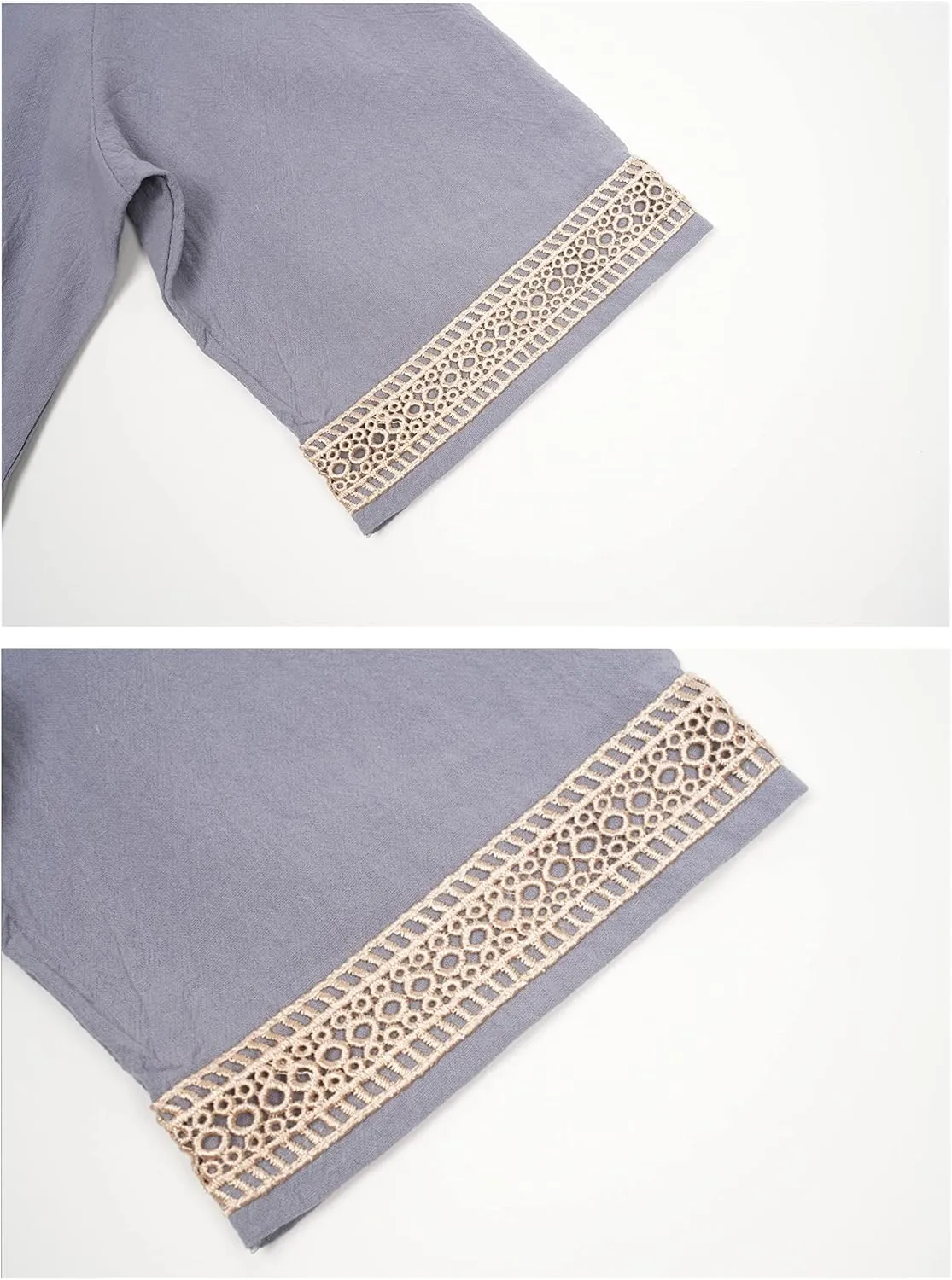 Women??s Casual V Neck Cotton Linen Dress Summer Half Sleeve Midi Knee Length Linen Dresses
