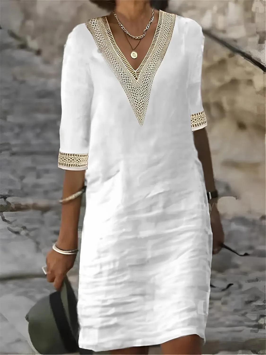 Women??s Casual V Neck Cotton Linen Dress Summer Half Sleeve Midi Knee Length Linen Dresses