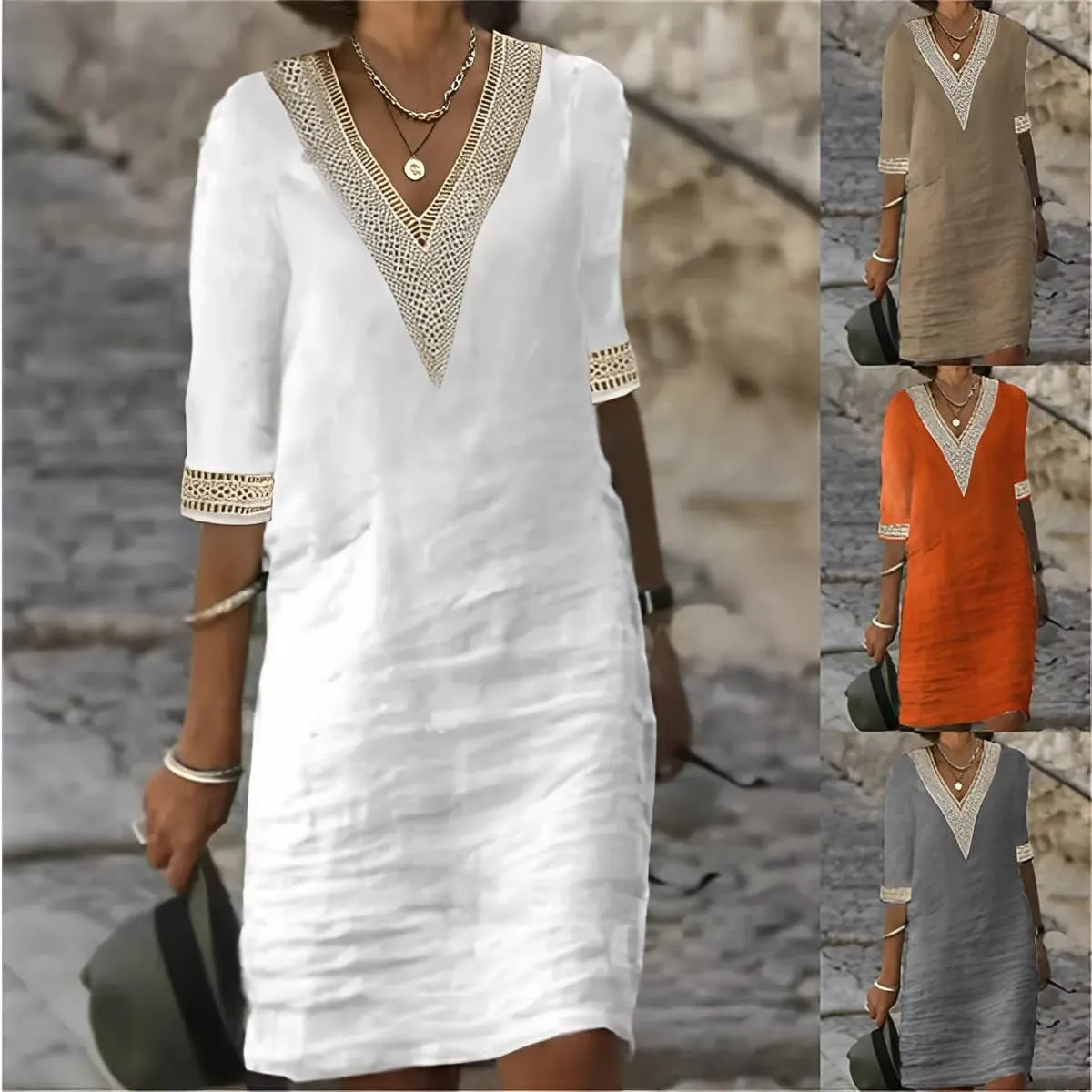 Women??s Casual V Neck Cotton Linen Dress Summer Half Sleeve Midi Knee Length Linen Dresses