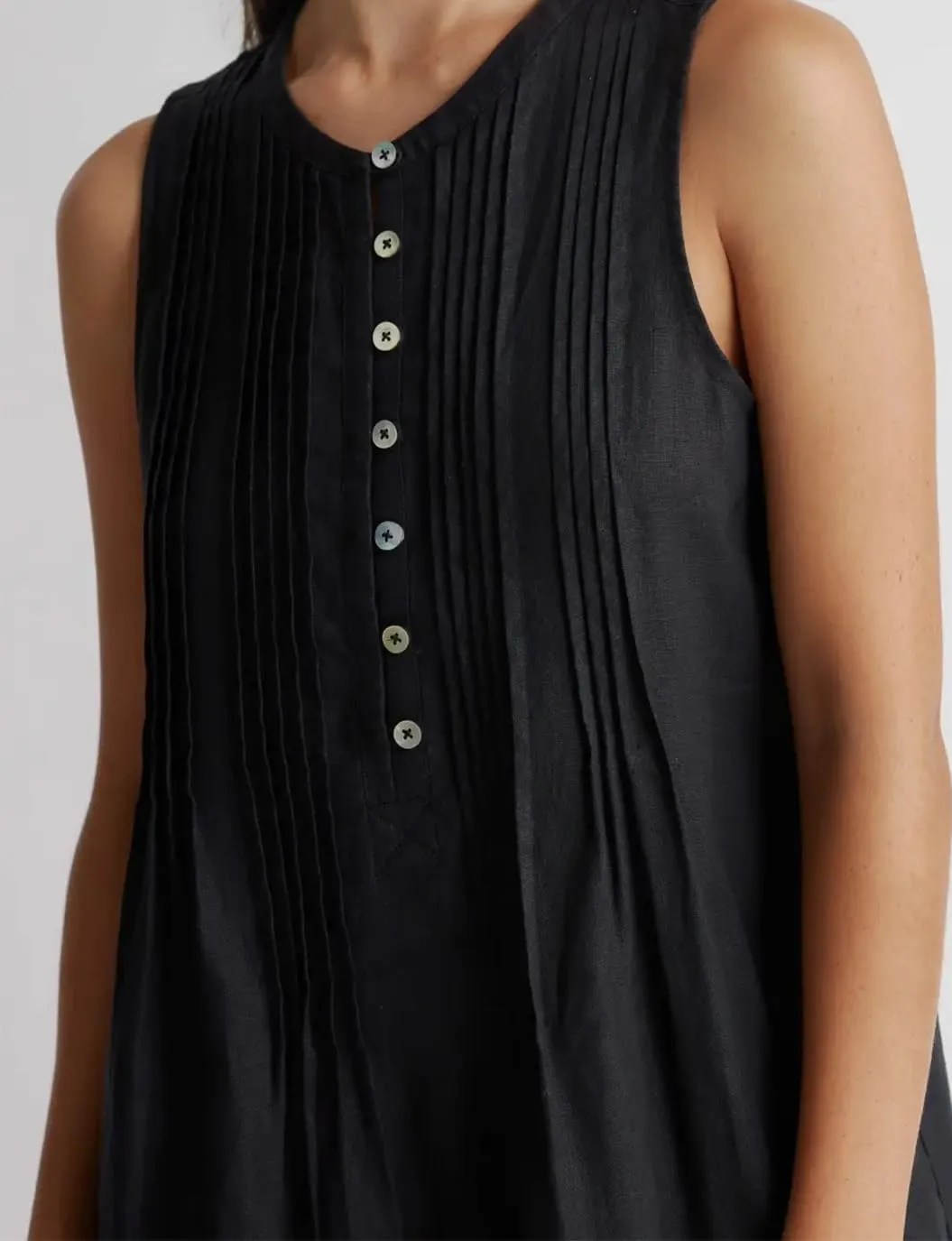Women's Cotton Linen Crew Neck Sleeveless Swing Dress Casual Front Button Dresses with Pockets