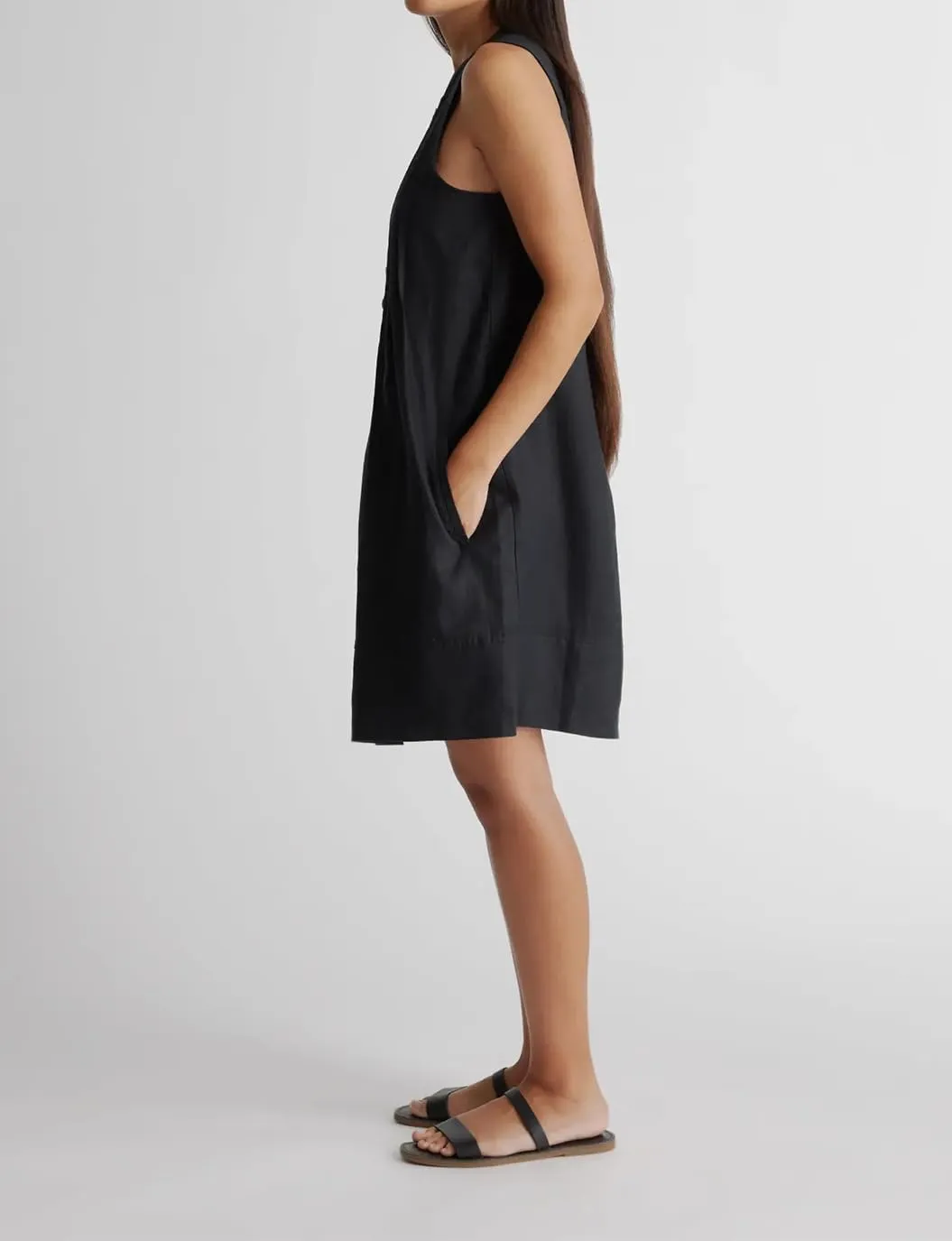 Women's Cotton Linen Crew Neck Sleeveless Swing Dress Casual Front Button Dresses with Pockets