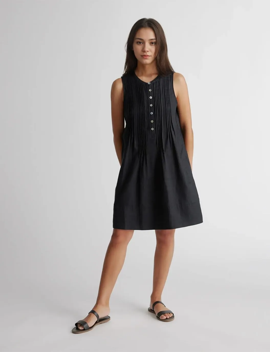 Women's Cotton Linen Crew Neck Sleeveless Swing Dress Casual Front Button Dresses with Pockets