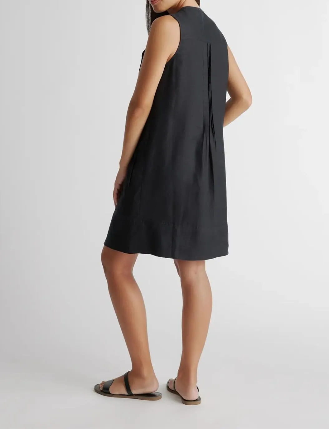 Women's Cotton Linen Crew Neck Sleeveless Swing Dress Casual Front Button Dresses with Pockets