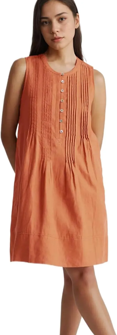 Women's Cotton Linen Crew Neck Sleeveless Swing Dress Casual Front Button Dresses with Pockets