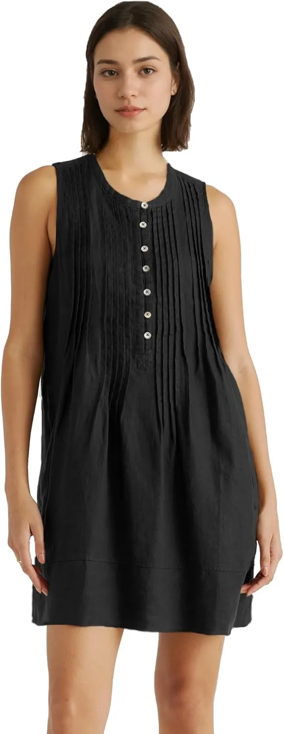 Women's Cotton Linen Crew Neck Sleeveless Swing Dress Casual Front Button Dresses with Pockets