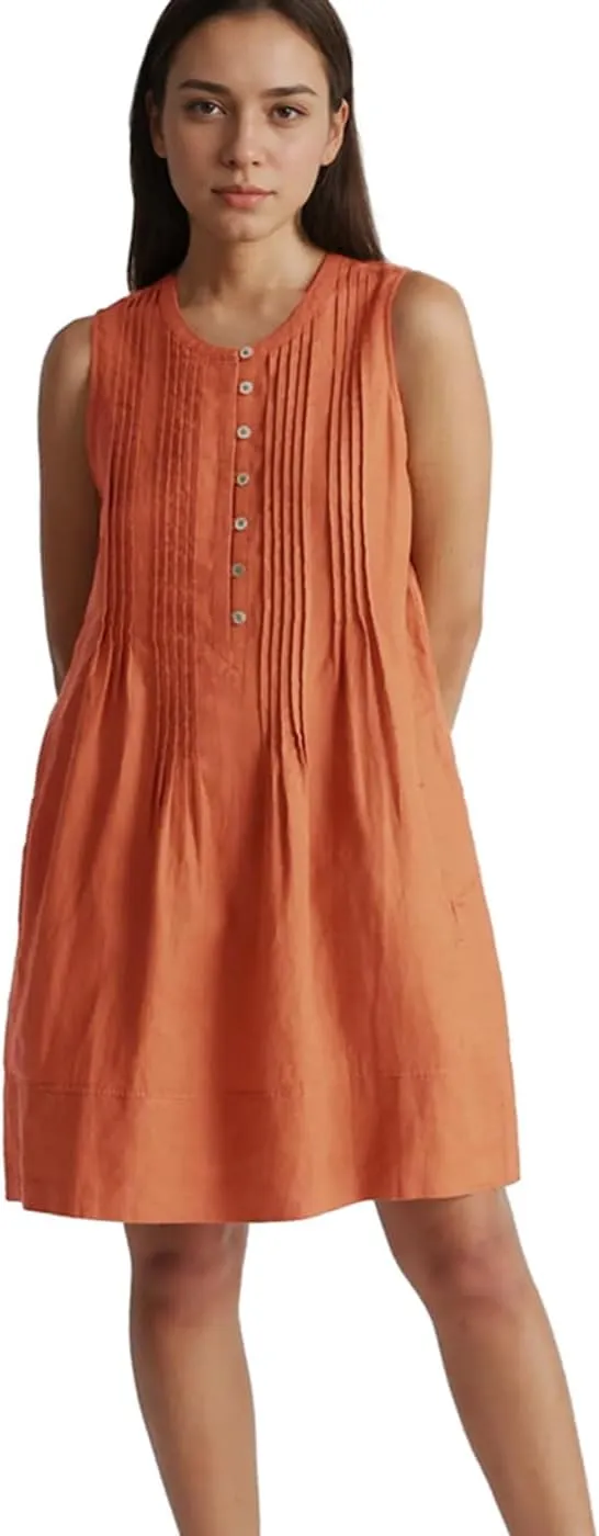 Women's Cotton Linen Crew Neck Sleeveless Swing Dress Casual Front Button Dresses with Pockets