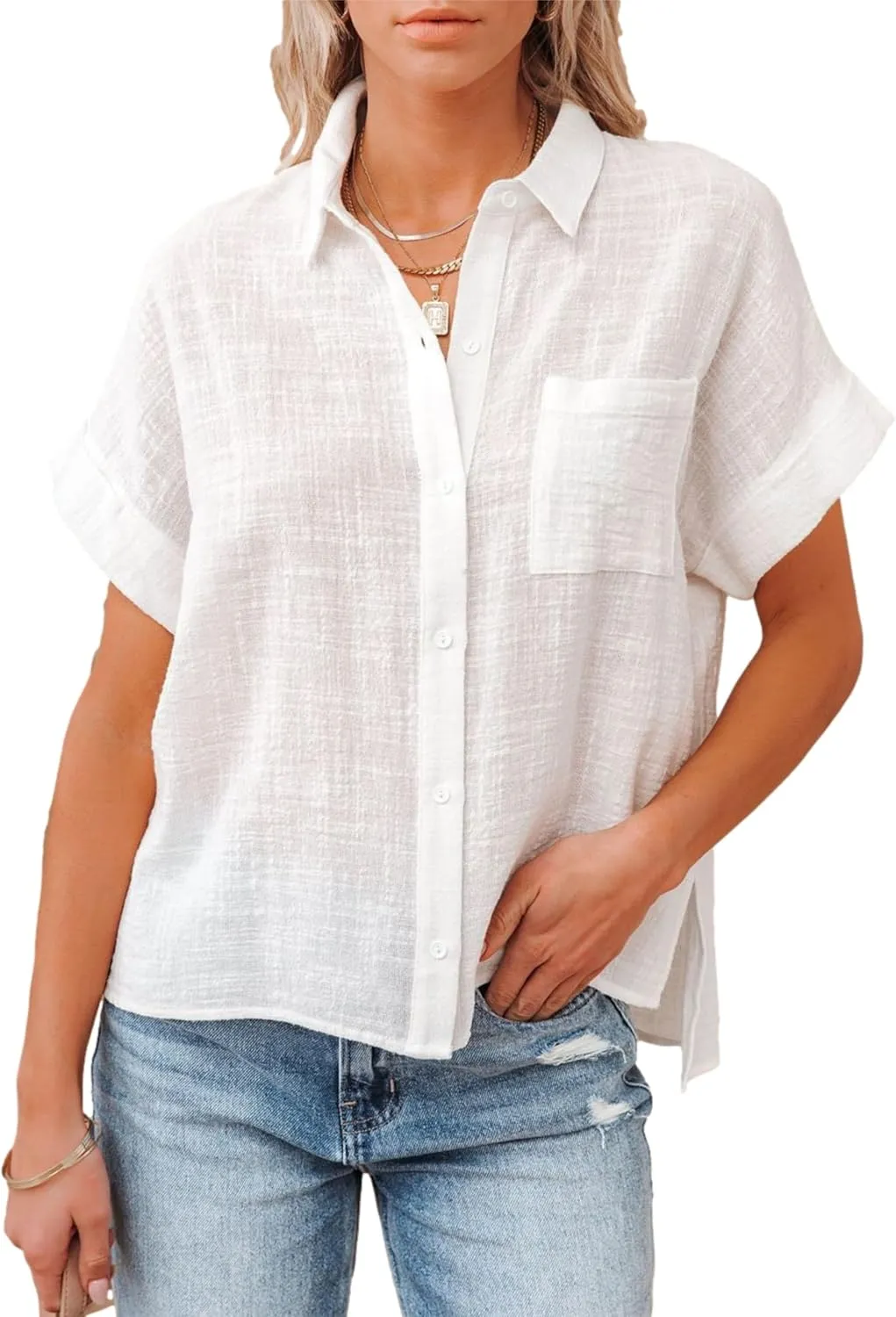 Womens Cotton Linen Short Sleeve Button Down Shirts Casual V Neck Plain Blouses Tops