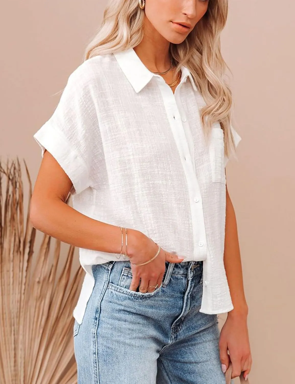 Womens Cotton Linen Short Sleeve Button Down Shirts Casual V Neck Plain Blouses Tops