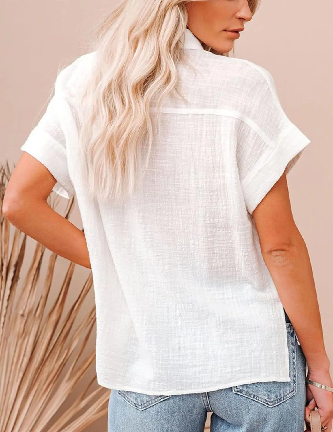 Womens Cotton Linen Short Sleeve Button Down Shirts Casual V Neck Plain Blouses Tops