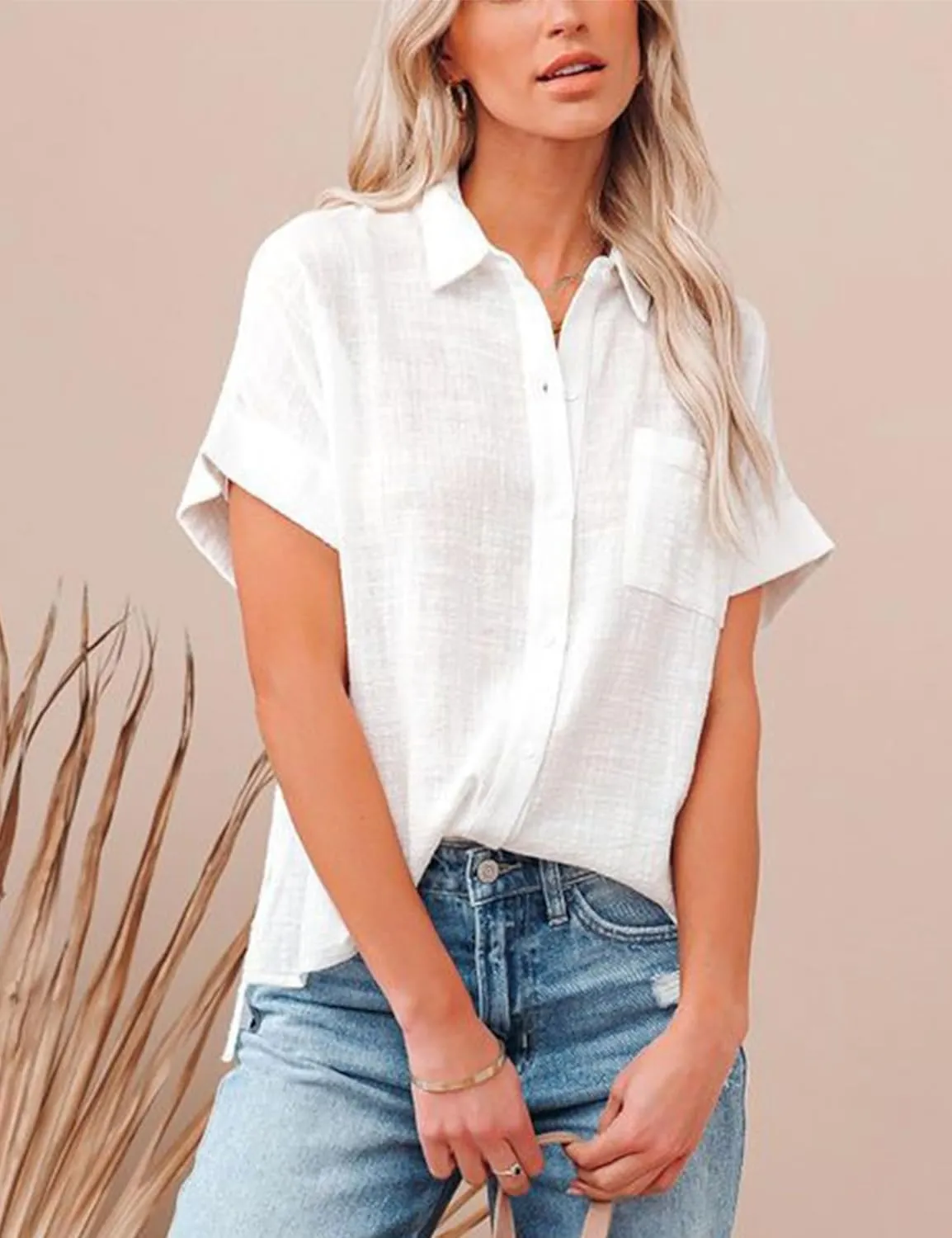 Womens Cotton Linen Short Sleeve Button Down Shirts Casual V Neck Plain Blouses Tops