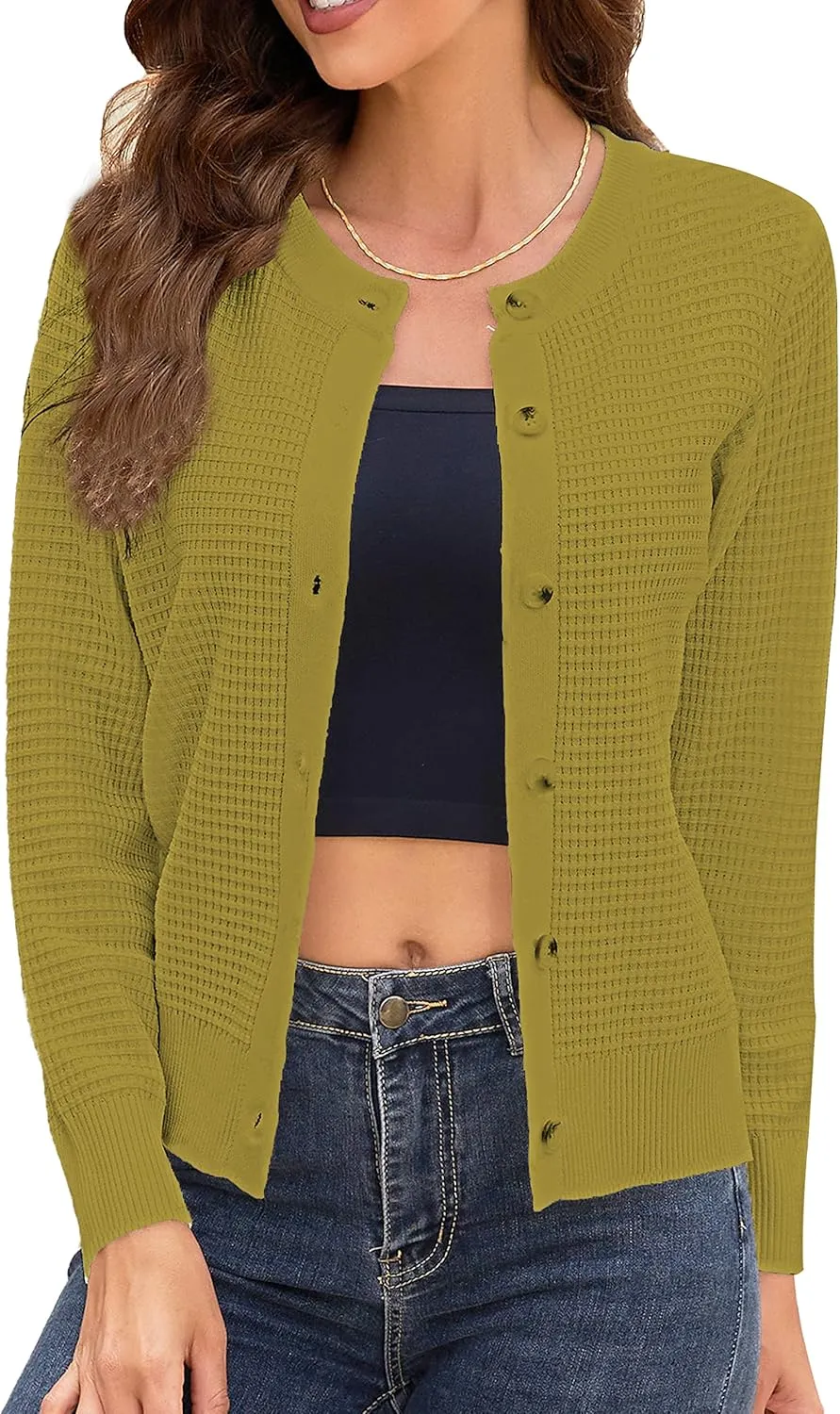 Women's Crew Neck Button Down Long Sleeve Solid Knit Classic Cardigan Sweater