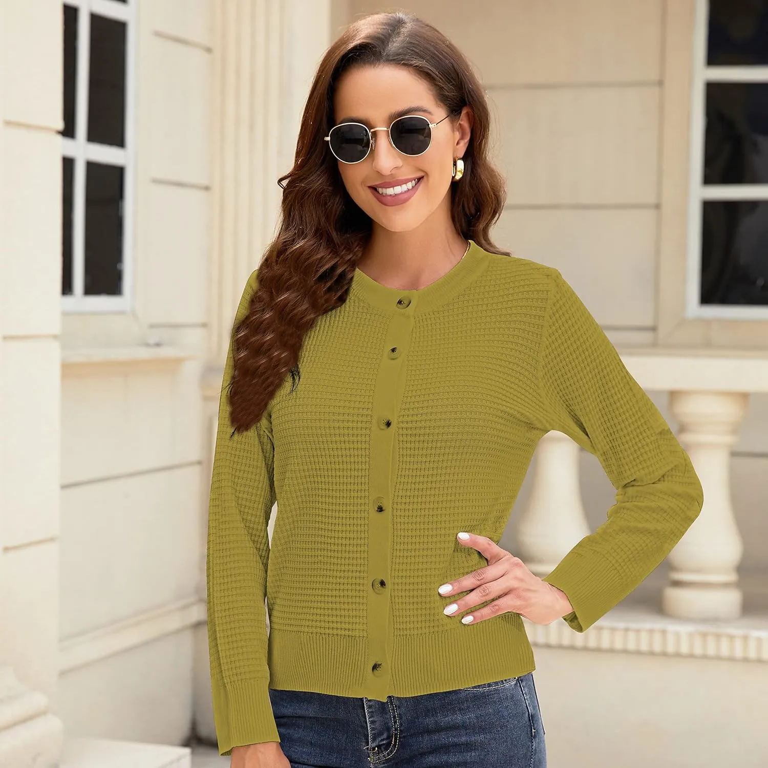 Women's Crew Neck Button Down Long Sleeve Solid Knit Classic Cardigan Sweater