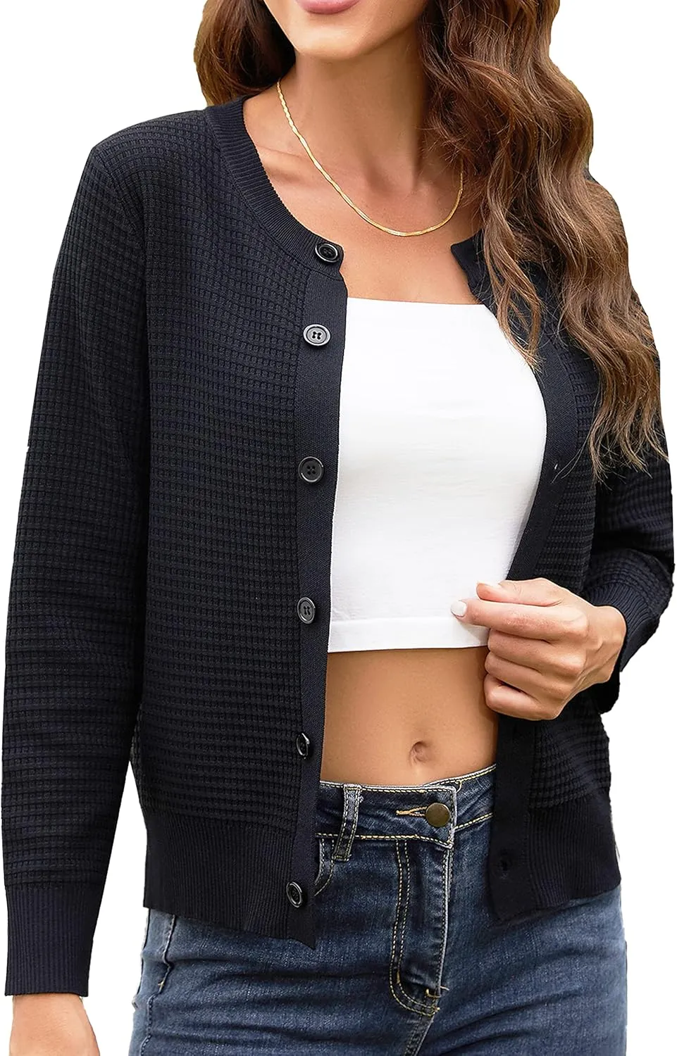 Women's Crew Neck Button Down Long Sleeve Solid Knit Classic Cardigan Sweater